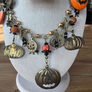 Vintage Halloween 34" necklace loaded with charms, pumpkins, moons cats skeleton